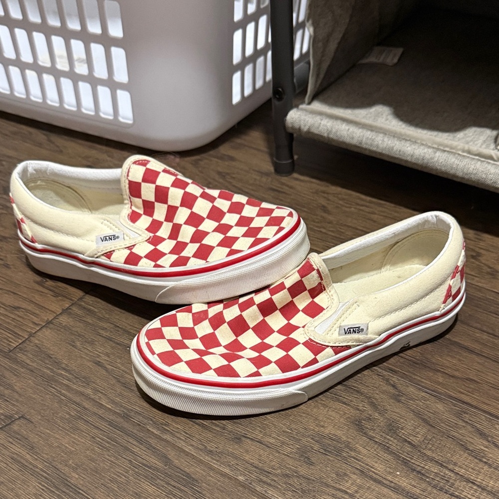 Vans Red and Cream Checkered Slip-On Sneakers